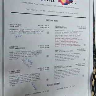 Wine tasting menu