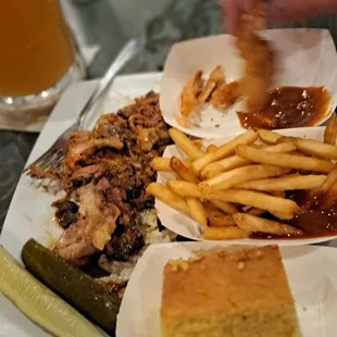 Pulled pork plate with cornbread and french fries