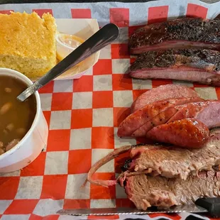 3 meat combo with pinto beans and cornbread.