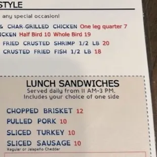 The lunch menu we ordered from. Pricing may differ if not during lunch time.