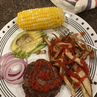 5oz hamburger short rib grind. With our sides