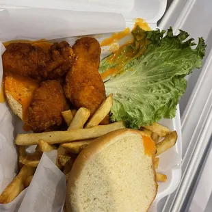 Supposed to be a Buffalo chicken breast sandwich but they threw chicken tenders on it instead.