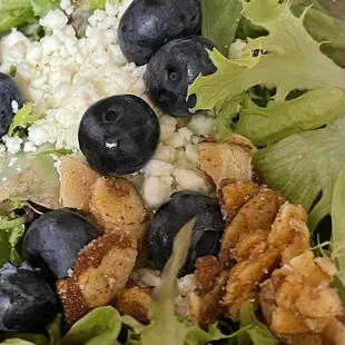 Blueberry Salad Spring Mix with Nuts, Feta Cheese, Olives &amp; Poppyseed dressing. Delicious.