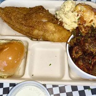 Fried catfish, Brussels sprouts, honey butter roll