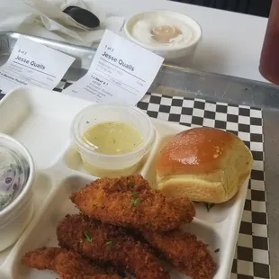 Chicken tenders broccoli salad and homemade banana pudding