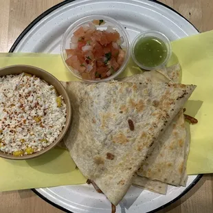 Shrimp Quesadillas with side of Esquite