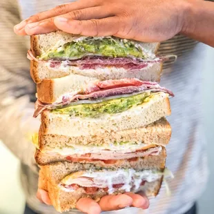 a person holding a sandwich