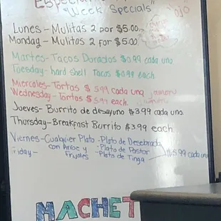 Specials menu