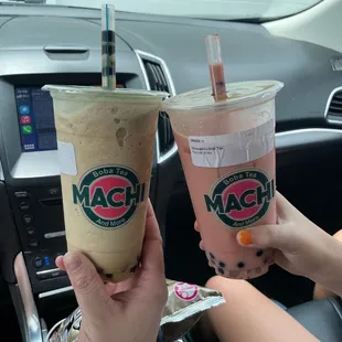 Hazelnut cappuccino boba and strawberry milk boba