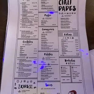 the menu of the restaurant