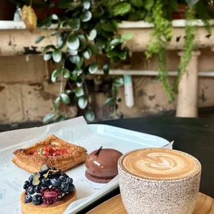 Blueberry Tart, Chocolate Cake and a savory pastry with Tomato + Two Persons Coffee