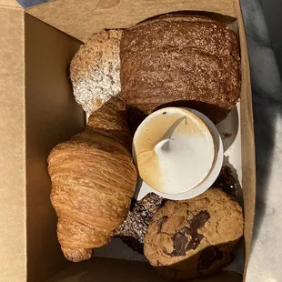 Croissant. Double baked Choc croissant. Almond croissant. Crumb cake. Cookie. Lemon pie.