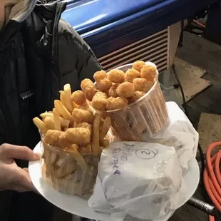 Burgers, fries, tater tots