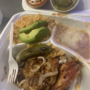 All chicken served with grilled onions and jalapeño peppers. Avocado and salsa are also provided. Salsa is DELICIOUS and very spicy.