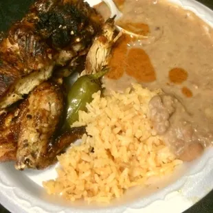 Excellent fire-grilled chicken, rice, jalapeño &amp; beans w/ salsa. Great meal.
