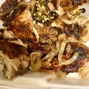 Assorted fire-roasted chicken w/ jalapeños &amp; onions, so tasty.