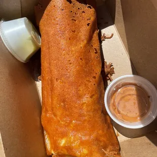 Chorizo sausage and chicken burrito.