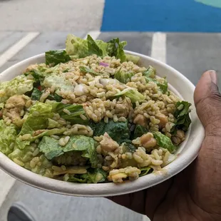 a hand holding a bowl of salad