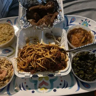 Seafood salad, Mac n cheese, Chicken &amp; Spaghetti, Candied Yams, Collards