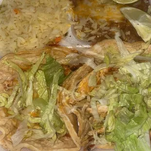 Pollo asado tacos with rice and beans