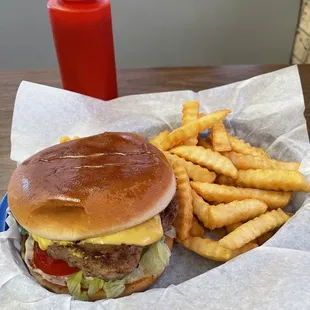 Super size burger with fries