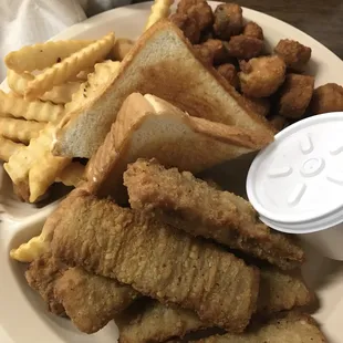 Steak finger plate with French fries and fried okra sides