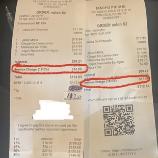 Sneaking in tip without telling us. Overpriced bad food.