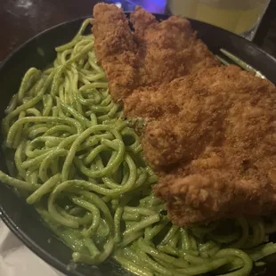 Pesto pasta with breaded chicken