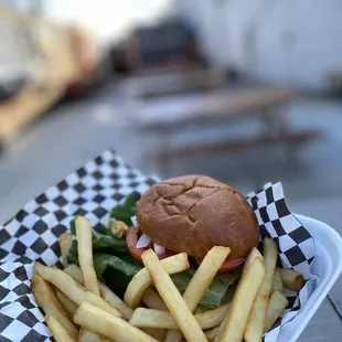 Bacon cheeseburger and fries