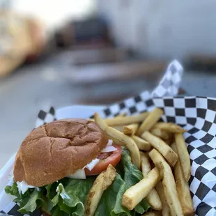 Bacon cheeseburger and fries
