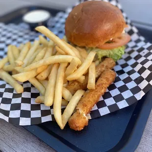 Burger, fries and cheese sticks