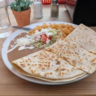 Spicy chicken quesadilla + rice &amp; beans