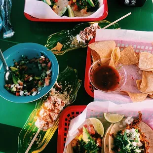 Guacamole and Chips, Tinga Taco, Elote con Crema,