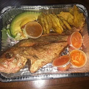 Fried red snapper, tostones and avocado