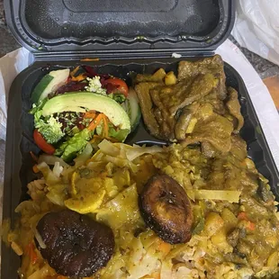 Vegan Beef and Mushroom w/rice and peas, cabbage and salad