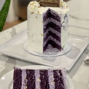 Four layers of Ube Sponge, Ube Buttecream, Coconut Buttercream and Caramel