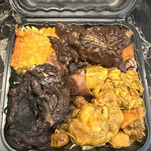 Jerk Chicken, Curry Chicken, and Stew Chicken with Mac and Cheese &amp; Rice and Peas Triple Chicken Combo (Jerk, Curry and Stew Chicken)