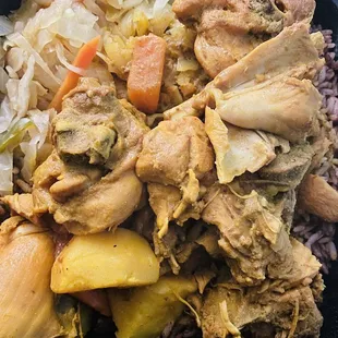 Curry chicken , cabbage , rice and peas