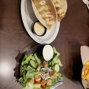 Fish tacos and side salad.