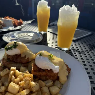 Chicken fried chicken eggs Benedict and two Colley Crushes