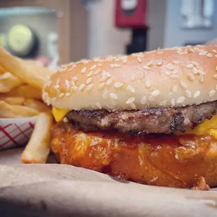 a hamburger and fries