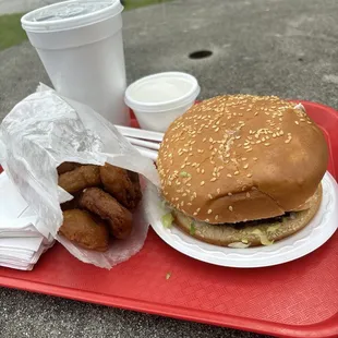 Pimento cheese burger with onion rings