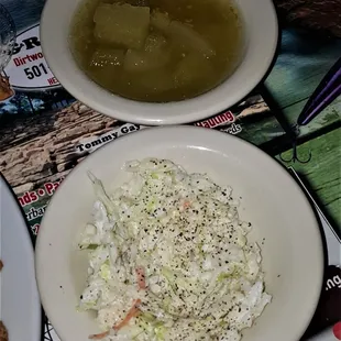 Coleslaw and pickled green tomatoes from the bean bar