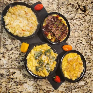 a variety of dishes on a granite countertop