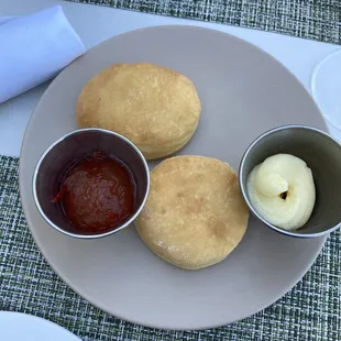 Biscuits (2 out of 4, we ate the other two before I could take a picture!) with honey butter and red pepper jelly (which was interesting).