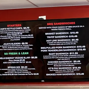 Menu as of August 2023