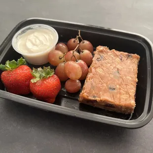 Our most popular snack, Peanut Butter Energy Bar with seasonal fruit and Greek yogurt.