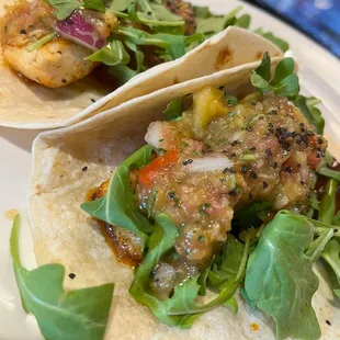 Swordfish and pineapple salsa tacos.
