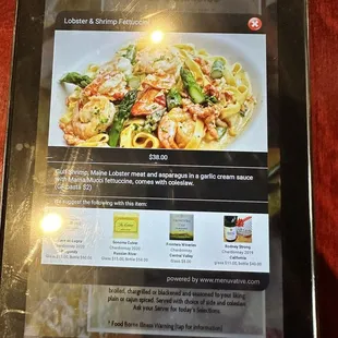 Menu displayed on a tablet