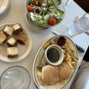 French Dip, House Salad, and Cinnamon Rolls